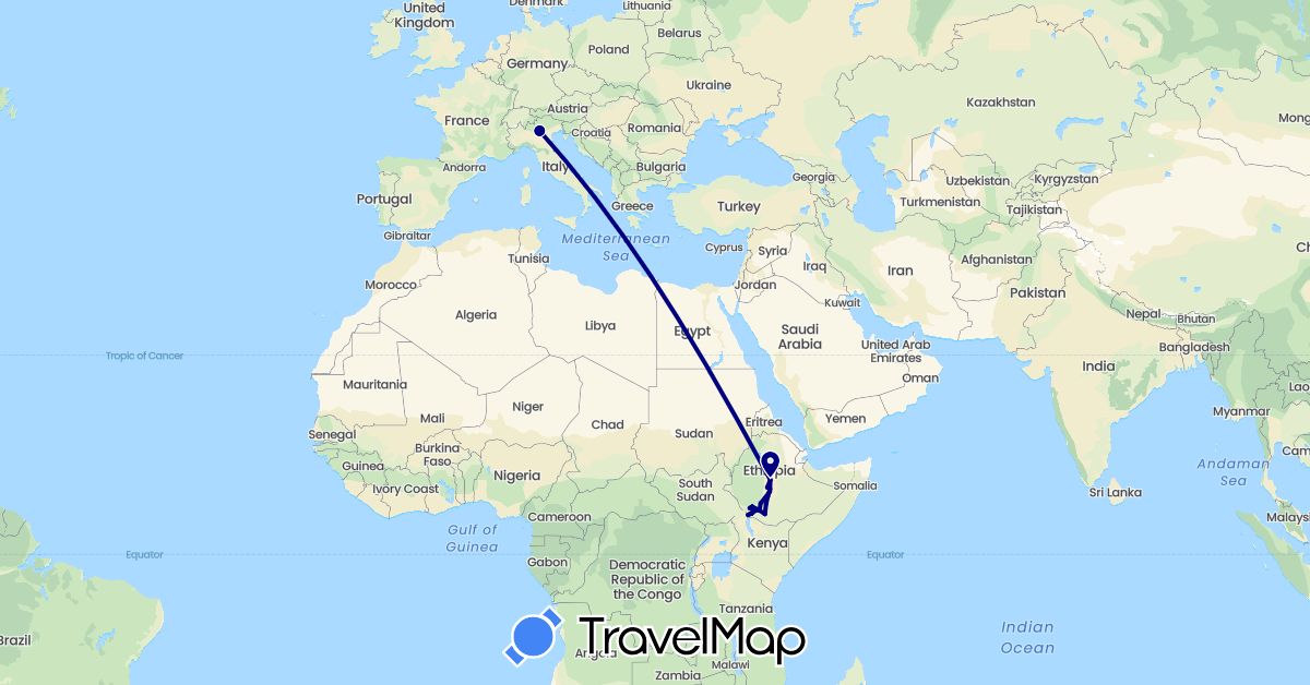 TravelMap itinerary: driving in Ethiopia, Italy (Africa, Europe)